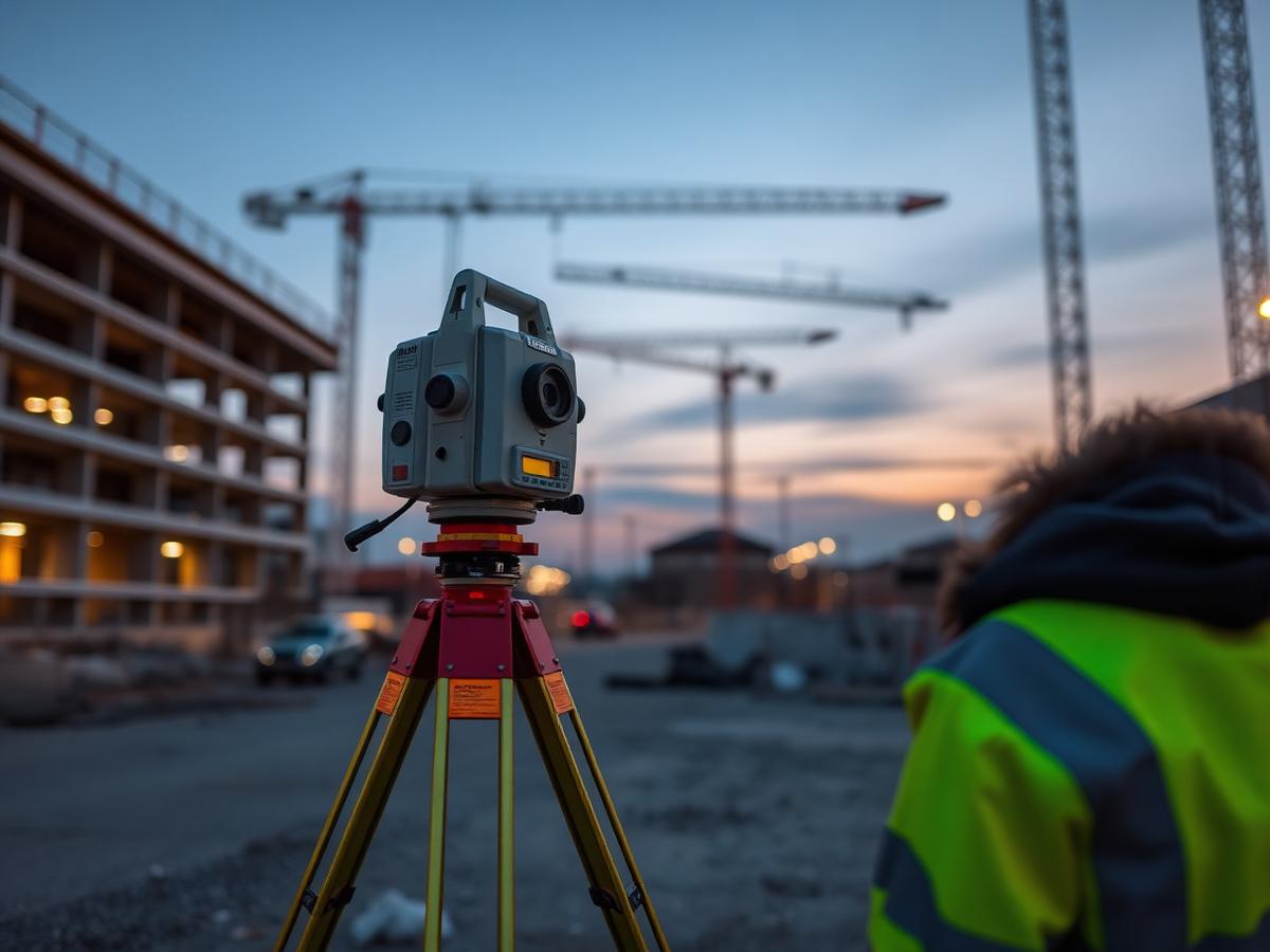 Total station on a construction site at dusk